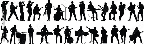 Silhouette musicians performing with guitars, drums, keyboards, saxophones, trumpets, singers, diverse band ensemble, live concert entertainment illustration