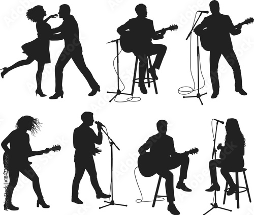 Silhouette musicians and dancers performing with guitars and microphones, live entertainment, artistic stage performance, music lifestyle creative illustration