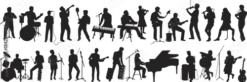 Silhouette musicians playing instruments, jazz band performance, orchestra ensemble illustration, live concert energy, entertainment lifestyle, creative music diversity