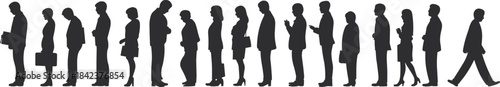 Silhouette of business queue, professional people lineup, walking away figure, black vector illustration, career waiting concept art