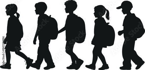 Silhouette of children walking in line with backpacks, school students illustration, education lifestyle, daily routine, teamwork, learning journey