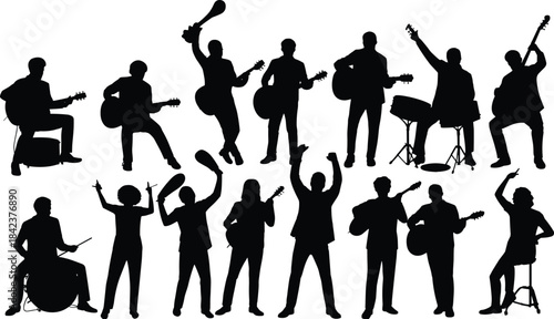 Silhouette musicians performing with guitars, drums, tambourines, and microphones, live concert entertainment, artistic music band illustration design
