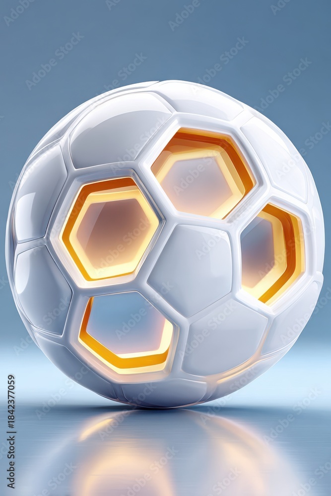 Obraz premium White soccer ball with hexagon pattern and glowing orange accents for dynamic sports imagery