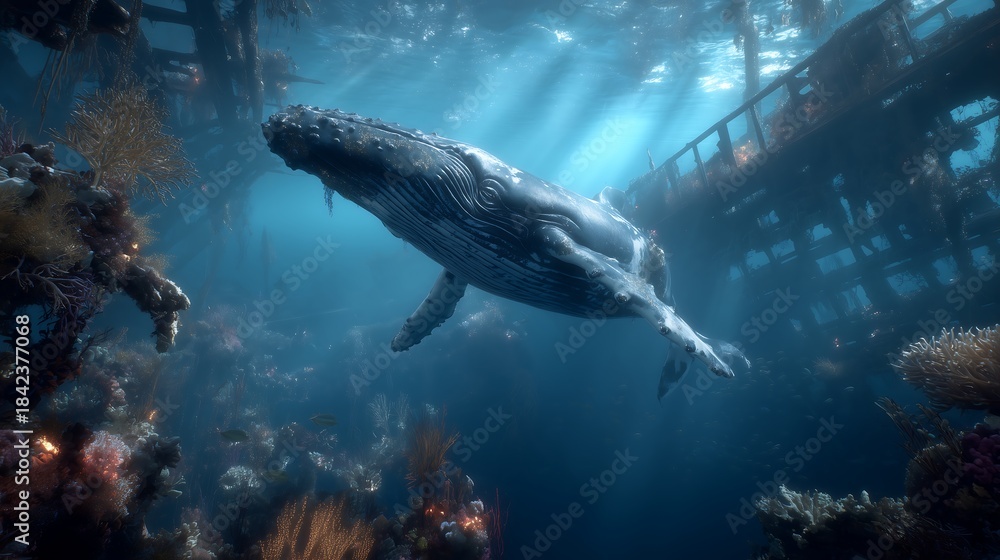 Fototapeta premium Whales swim shipwreck underwater.