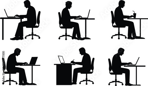 Silhouette office worker at desk with laptop, writing, drinking, remote work, business teamwork, productivity, workplace scene