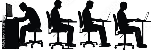 Silhouette office worker computer posture sequence, ergonomic sitting positions, workplace health, remote work, productivity, business technology scene