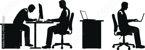 Silhouette office worker computer posture sequence, ergonomic sitting positions, workplace health, remote work, productivity, business technology scene