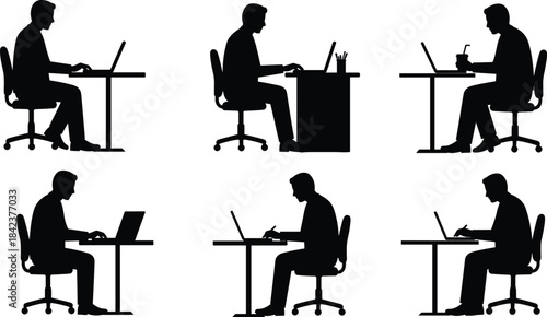 Silhouette office workers at desks with laptops, business teamwork, remote work, corporate workspace, productivity, technology, workplace scene