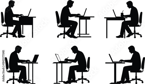 Silhouette office workers at desks with laptops, business teamwork, remote work, corporate workspace, productivity, technology, workplace scene