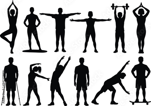 Silhouette people exercising, yoga poses, stretching, skateboarding, lifestyle activity, fitness routine, rehabilitation, wellness movement illustration design