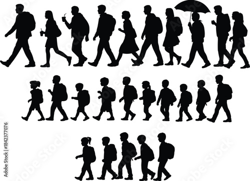 Silhouette people walking with backpacks and umbrella, adults and children, daily commute, school routine, lifestyle pedestrian activity illustration