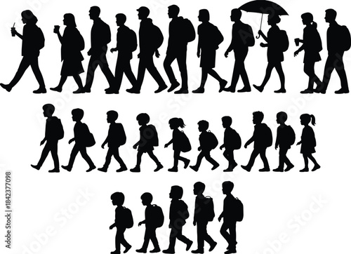 Silhouette people walking with backpacks and umbrellas, adults, children, toddlers, daily commute, lifestyle diversity, human posture illustration design