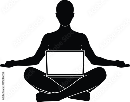 Silhouette person meditating with laptop, mindfulness and technology balance, digital lifestyle, relaxation, wellness, remote work, harmony concept