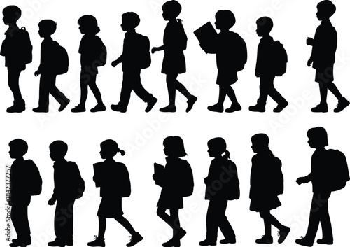 Silhouette school children walking with backpacks and books, student commute, education lifestyle, academic journey, daily childhood learning illustration