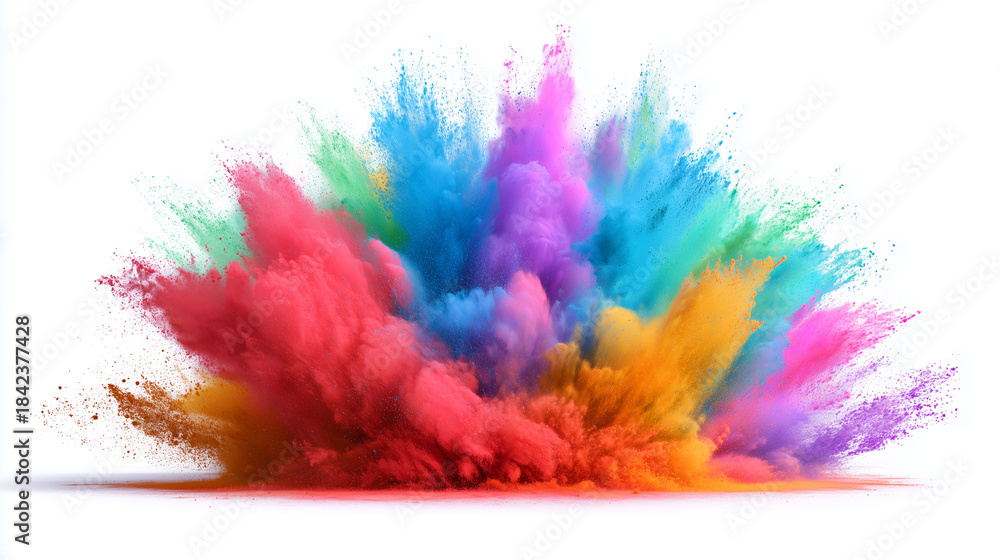 Obraz premium Rainbow powder explosion, isolated on white background. Dynamic explosion. Colorful effect
