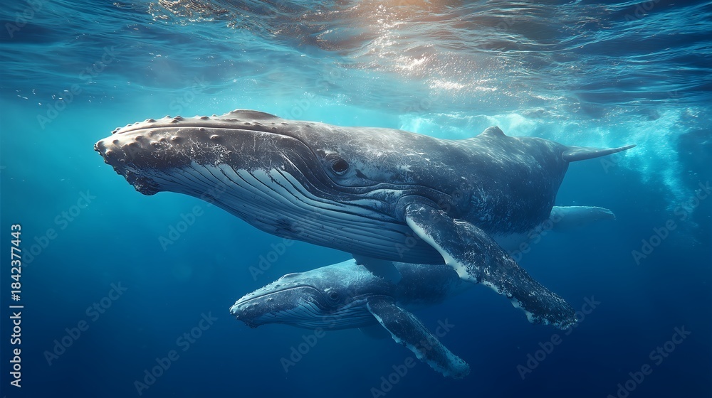 Fototapeta premium Mother and calf whales underwater.