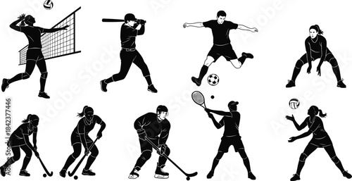 Silhouette sports athletes set with volleyball, baseball, soccer, basketball, hockey, tennis, archery, active lifestyle, athletic illustration