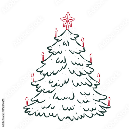 Isolated hand drawn pine tree decorated star and candles in retro sketch ink style. Flat vector illustration. Contemporary template for card, poster, social media, label. Christmas concept.