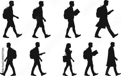 Silhouettes of diverse people walking with backpacks, books, and bags, representing daily lifestyle, education, work, and progress