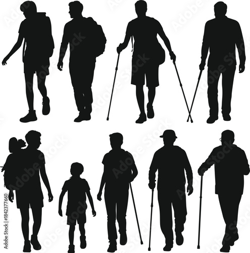Silhouettes of diverse people walking, family lifestyle, elderly with cane, hikers with backpacks, childhood journey, mobility aids, generational illustration