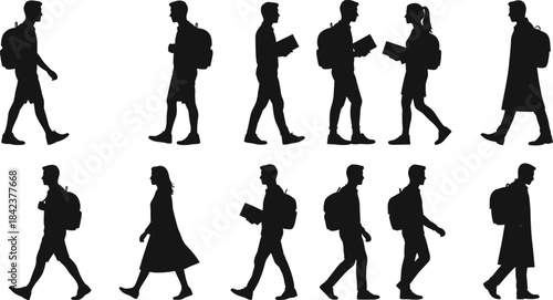 Silhouettes of diverse people walking with backpacks, coats, and books, symbolizing education, commuting, daily lifestyle, and urban diversity