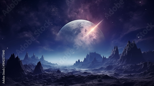 Realistic alien planet with rocky terrain