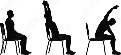 Silhouettes of people doing seated chair stretches, office fitness, posture correction, relaxation, wellness, workplace exercise