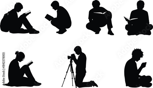 Silhouettes of people reading books and photographer with camera, seated postures, study lifestyle, creative hobby activity illustration