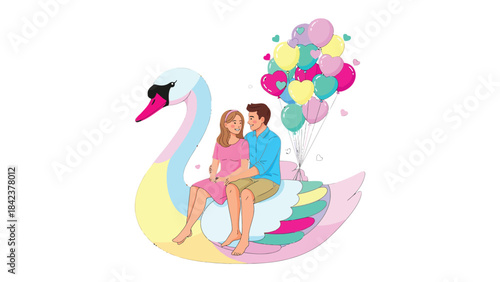 A Romantic Flight: A loving couple enjoys a whimsical ride on a swan-shaped float, with heart-shaped balloons, symbolizing love and companionship.