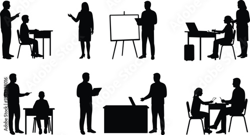 Silhouettes of people reading books, seated and kneeling postures, education lifestyle, leisure activity, modern study and learning illustration