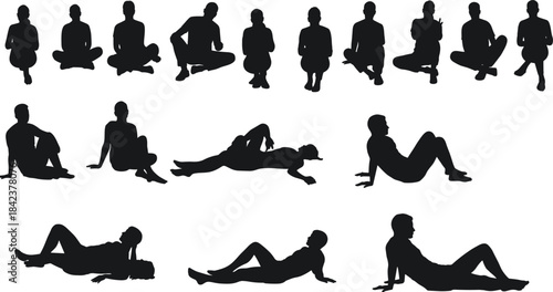 Silhouettes of people sitting and reclining in casual postures, body language, lifestyle, mindfulness, relaxation, wellness reference