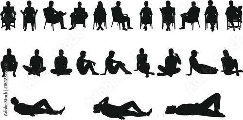 Silhouettes of people sitting, meditating, reclining, and gesturing, body language, posture, lifestyle, mindfulness, relaxation, wellness