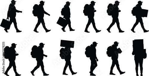 Silhouettes of walking man, commuter with backpack, carrying shopping bag, holding book, urban lifestyle, daily routine, human motion, travel concept