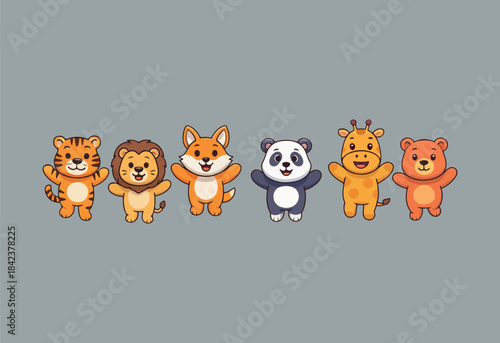 Cartoon Animal Friends Vector. Cute Tiger, Lion, Fox, Panda, Giraffe, Bear in Row.