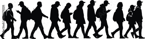 Silhouettes of walking people with backpacks and phones, modern city commuters, isolated on white background for design use