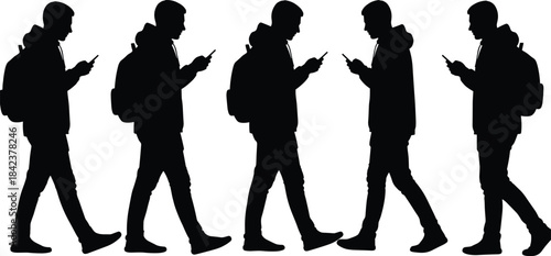 Silhouettes of walking people with backpacks, mobile phone users, everyday commuters, student lifestyle, modern urban activity illustration