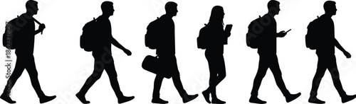 Silhouettes of walking people with backpacks, phone users, carrying bags, everyday commuters, modern lifestyle, diverse urban crowd illustration