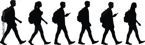 Silhouettes of walking people with backpacks, phone users, everyday urban lifestyle, modern commuters, diverse standing and moving figures