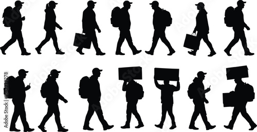 Silhouettes of walking people, commuters with backpacks, carrying shopping bags, holding blank signs, urban lifestyle, protest concept, daily routine, human motionSilhouettes of walking