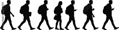 Silhouettes of walking people with backpacks, students and travelers, phone users, carrying items, everyday modern lifestyle illustration