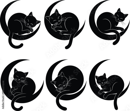 Sleeping cat silhouettes on crescent moons, peaceful night illustration, feline artwork, dreamy design, animal vector, whimsical bedtime concept