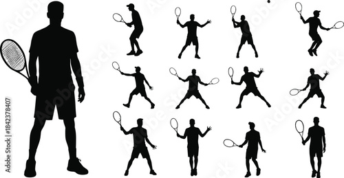 Tennis silhouettes of male athlete in action poses, serving, forehand, backhand, jumping, swinging, running, sports, competition