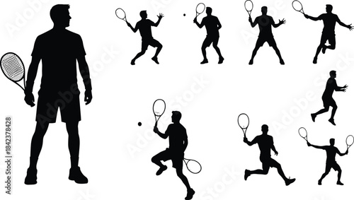 Tennis silhouettes of male athlete in action poses, serving, forehand, backhand, jumping, swinging, sports, fitness, competition