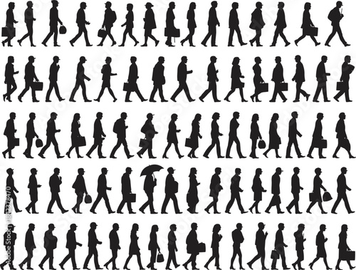Walking silhouette grid, black vector people in motion, bag, umbrella, briefcase, diverse urban posture illustration set