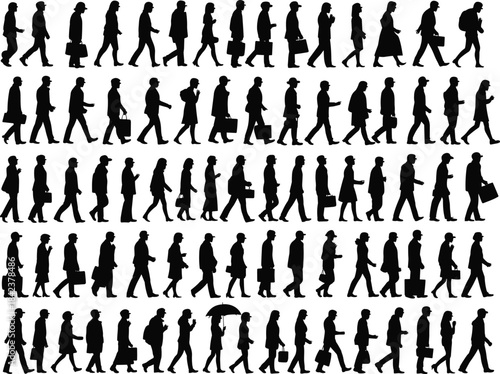 Walking silhouette grid, black vector people in motion, briefcase, umbrella, bag, diverse clothing, urban activity illustration set