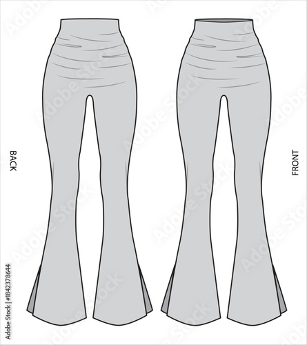 Flare leg leggings technical flat drawing vector mockup template.
