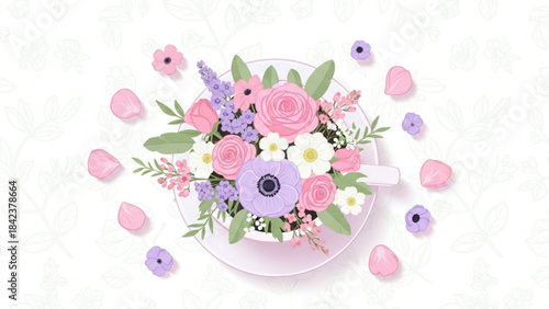 Delicate floral arrangement in a teacup soft pastel flowers and leaves perfect for spring or wedding invitations isolated on white