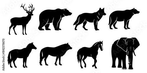 Vector silhouettes of diverse wild animals including deer, bear, wolf, horse, and elephant, ideal for nature-themed graphic design and educational use, Isolated on Transparent Background