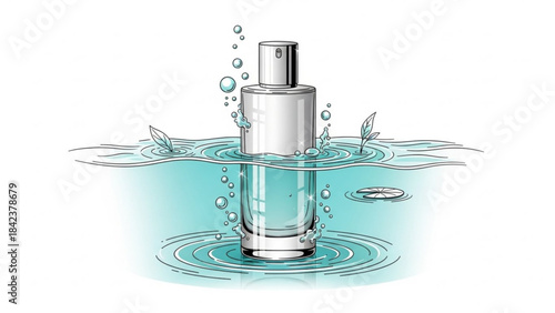 Cosmetic bottle submerged in clear water with ripples and bubbles representing hydration and skincare isolated on white