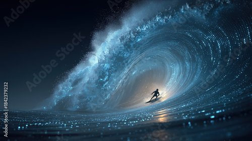 Surfer rides powerful dark blue wave night, showcasing immense power of ocean. Thrilling surfing adventure highlights incredible motion